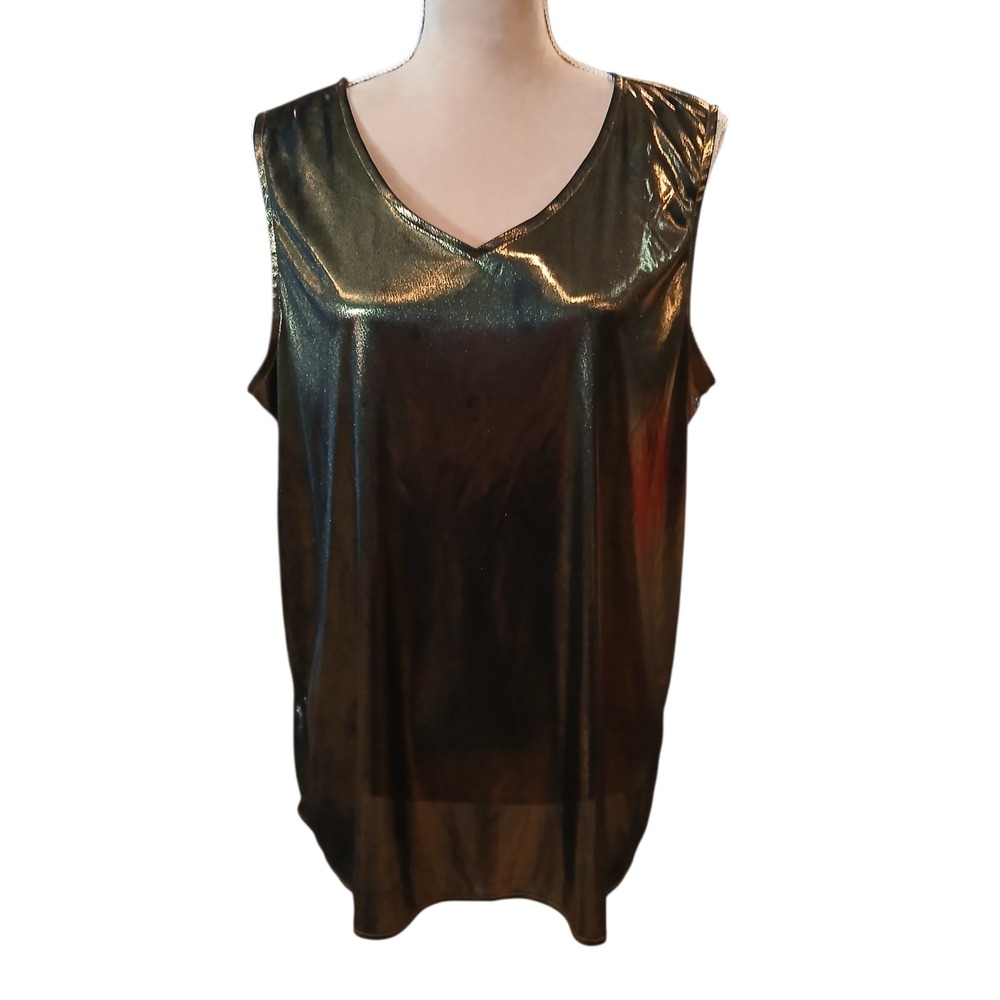 Vtg Notations 1x Woman Gold Metallic V-Neck Tank Top Sleeveless Shimmer Blouse
